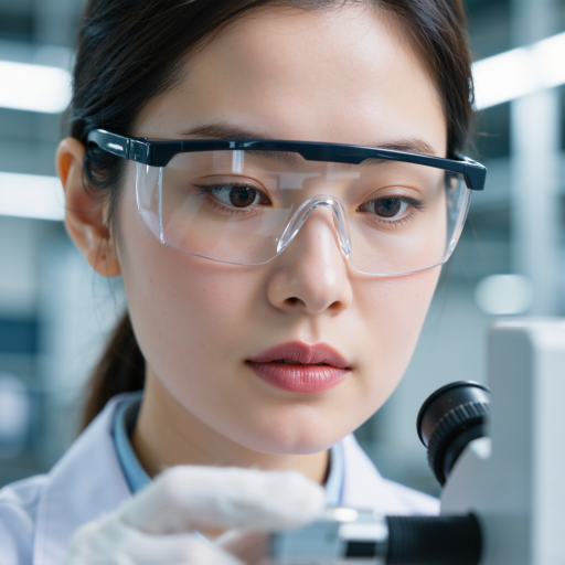 二十八岁左右女性工程师头像,穿白色衬衫,黑色外套,背景为实验室